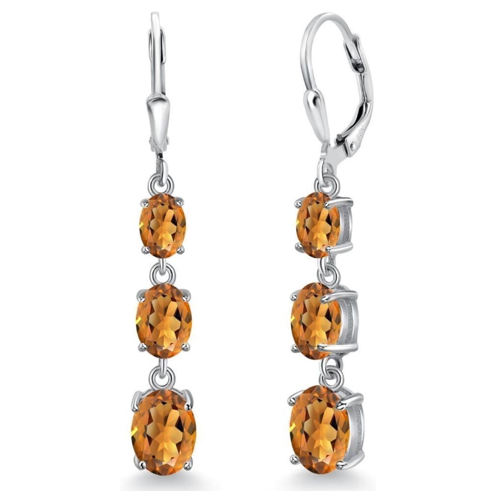 925 Sterling Silver with 4.40 Cttw 3 Stone Madeira Citrine Leverback Earrings